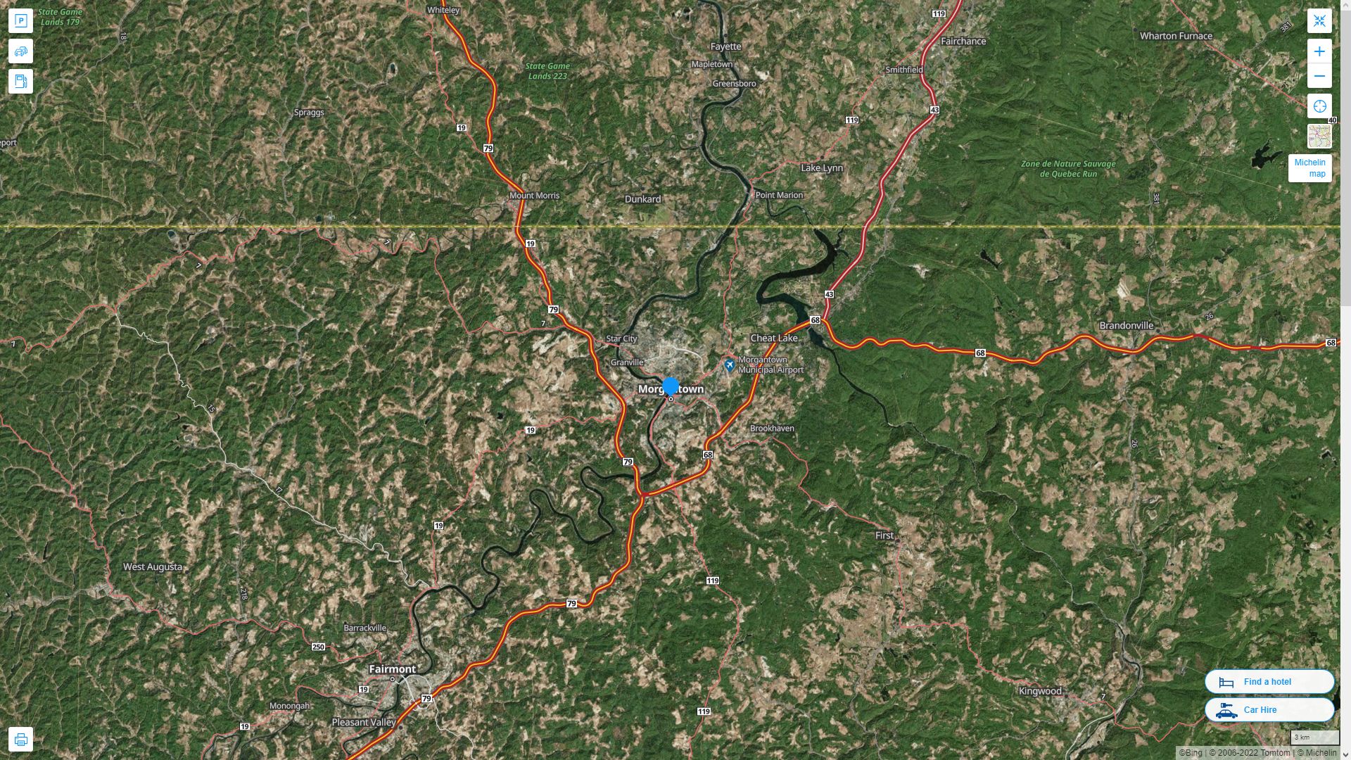 Morgantown West Virginia Highway and Road Map with Satellite View